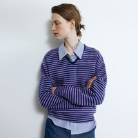 Drop-shoulder Sleeve Thin Woolen Sweater Ultra-fine Mernu Wool V-neck Striped Knitted Top