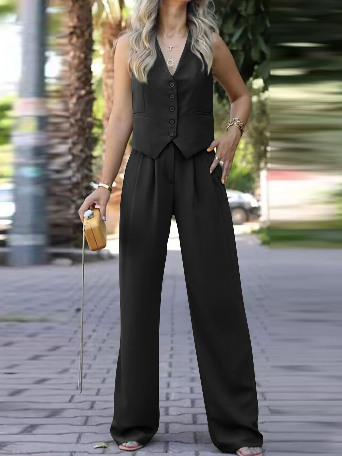 V-neck Sleeveless Waistcoat Vest Drooping Wide-leg Pants Suit