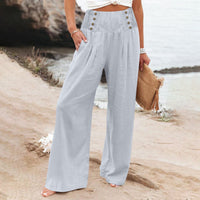 Casual Elastic High Waist Women's Cotton Linen Wide Leg Pants