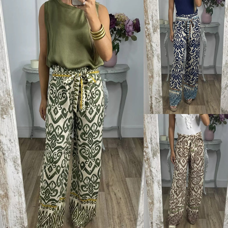 Women's Fashion Printing Belt Loose Casual Trousers