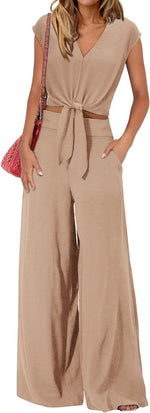 Women's Fashion V-neck Drawstring Short Top Wide Leg Pants Suit