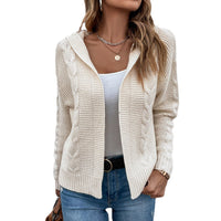 Women's Fashion Casual Solid Color Hooded Twist Sweater Cardigan Coat