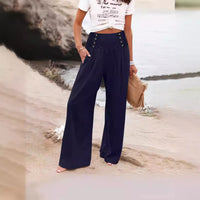 Casual Elastic High Waist Women's Cotton Linen Wide Leg Pants