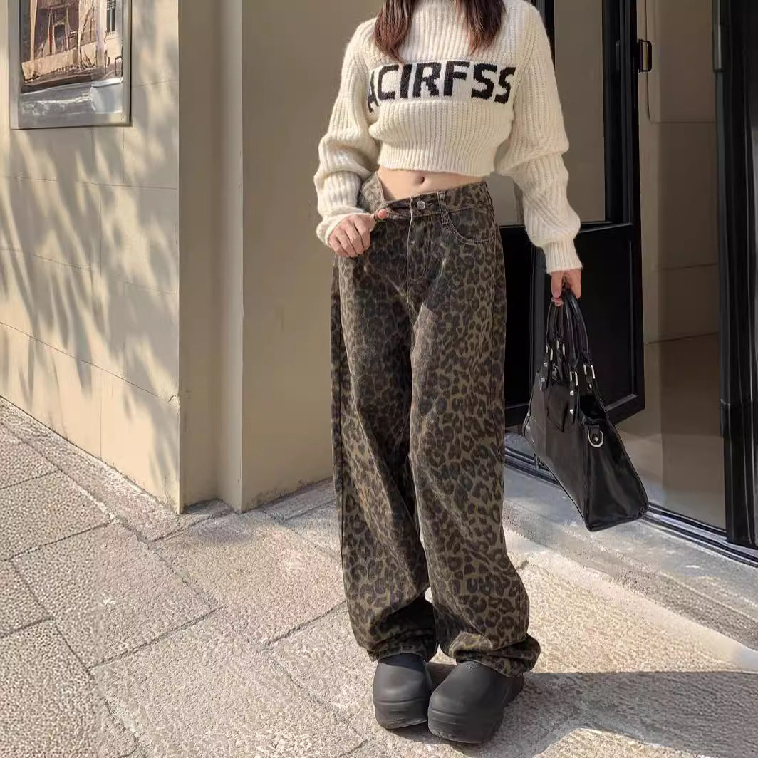 Leopard Print All-matching Jeans Loose Straight Casual Wide-leg Pants