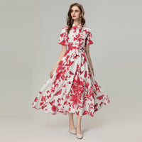 Four-sided Elastic Flower Butterfly Print Dress