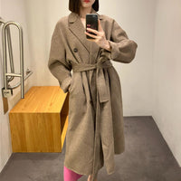 Loose Design Wool Blended Brush Pattern Lace-up Double Sided Cotton Coat