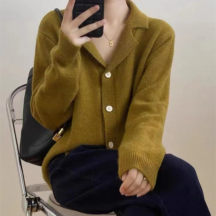 Lapel Width Long Sleeve Sweater Coat Top