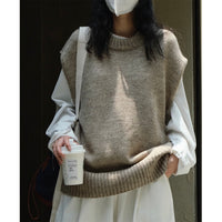 Women's Fashion Solid Color Wool Round Neck Knitted Vest