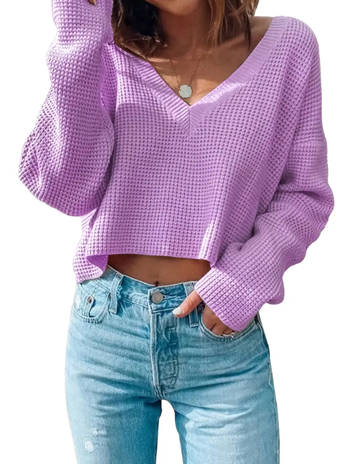 Loose Knitted Sweater V-neck Off-shoulder Loose