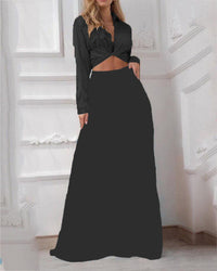 Women's Printed Lace Up Shirt High Waist Wide Leg Pants Two-piece Set