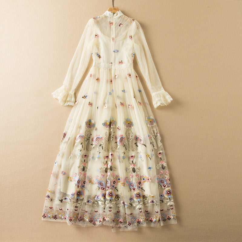 Mesh Exquisite Embroidery Floral Stand Collar Wide Hem Long Sleeve Dress