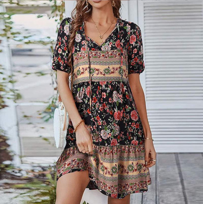 Bohemian Floral Print Lace-up Dress