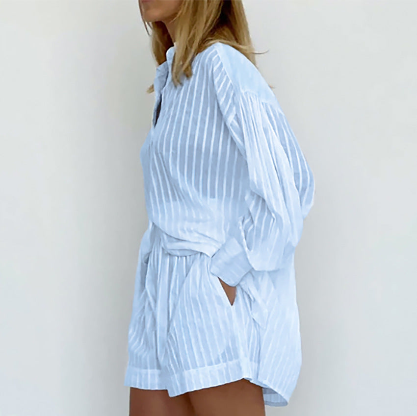 Women's Graceful And Fashionable Striped Puff Sleeve Shorts Suit