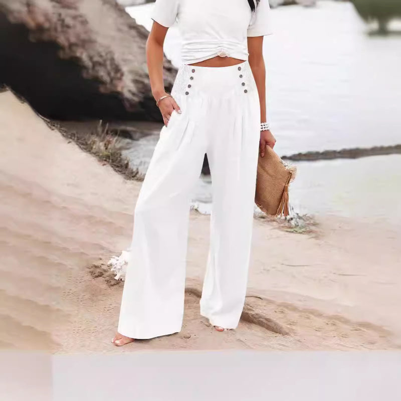 Casual Elastic High Waist Women's Cotton Linen Wide Leg Pants