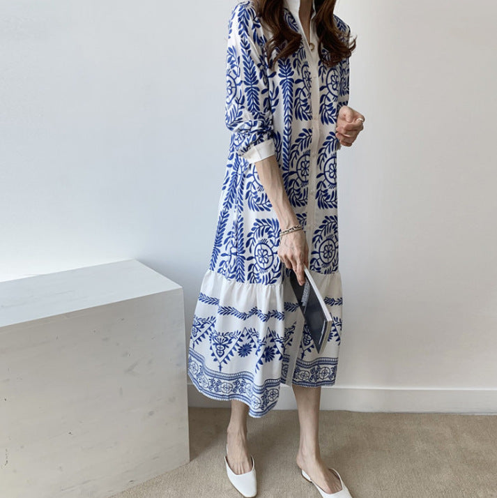 Women's Blue And White Porcelain Printed Shirt Long Dress