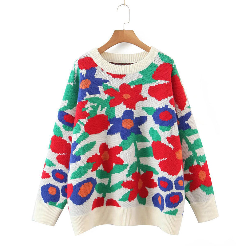 Women's Fashion Embroidered Crew Neck Loose-fitting Long Sleeve Sweater