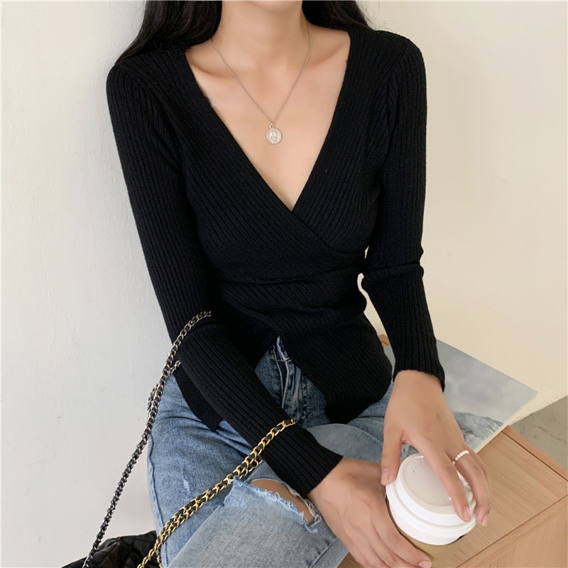 Women's Cross V-neck Long-sleeved T-shirt Inner Bottoming Sweater