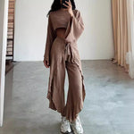 Linen Blend Cropped Top And Elastic Waist Belt Ruffled Trousers Suit