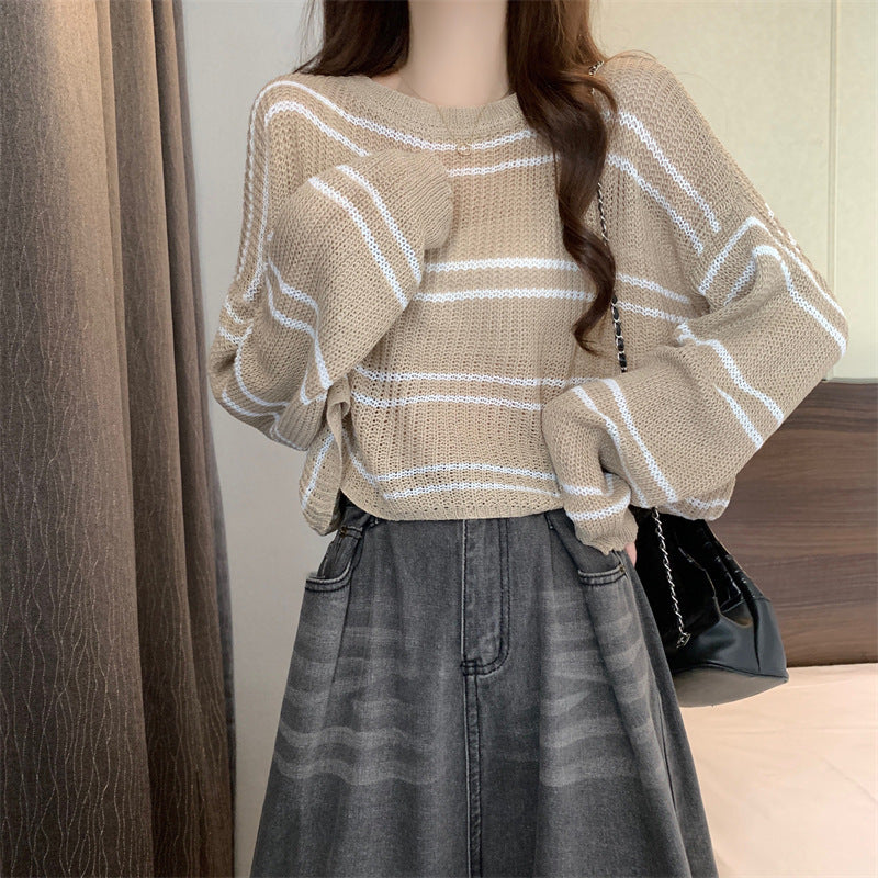 Striped Thin Sweater Loose Hollow-out Short Top