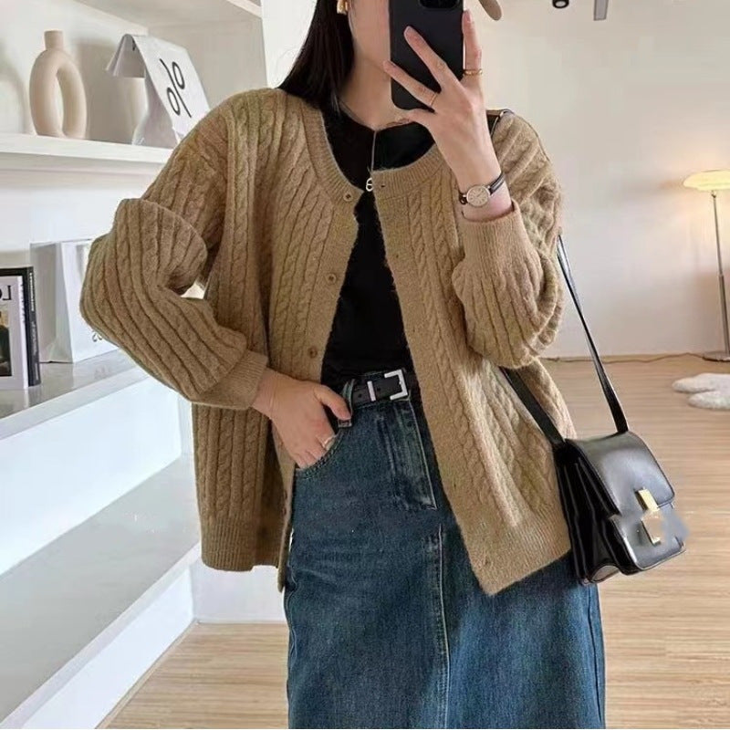 Simple Style Round Neck Sweater Coat Women's Autumn Casual Loose Retro