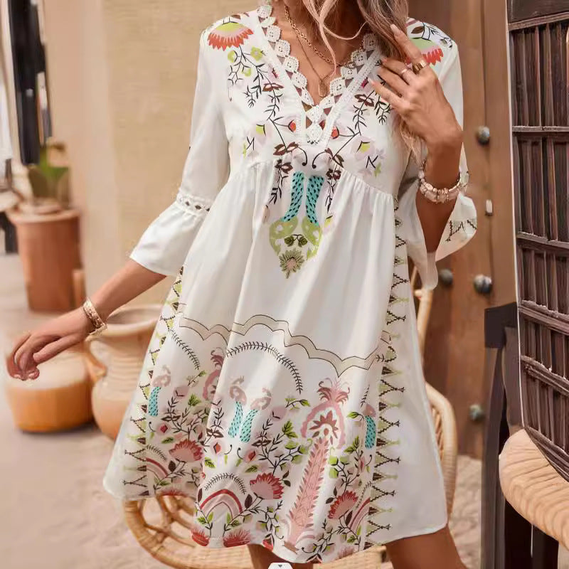 Women's Clothing V-neck Lace Stitching Printing Dress