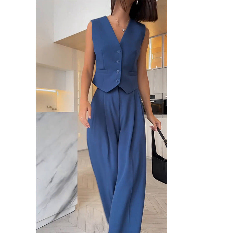 V-neck Sleeveless Waistcoat Vest Drooping Wide-leg Pants Suit