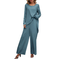 Women's Fashion Long Sleeve Irregular Hem Top Elastic Waist Wide Leg Trousers Two-piece Set