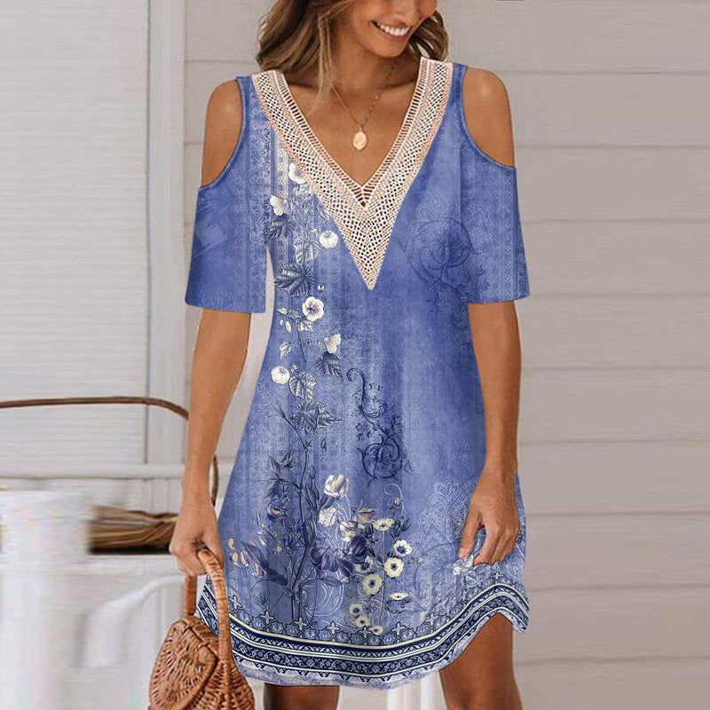 Women's Printing Off-the-shoulder V-neck Dress