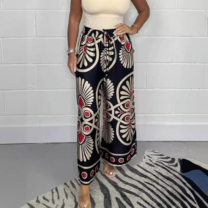 Women's Summer Bohemian Vacation Vintage Printed Satin Casual Pants