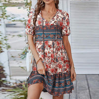 Bohemian Floral Print Lace-up Dress