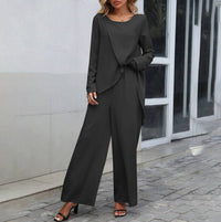 Women's Fashion Long Sleeve Irregular Hem Top Elastic Waist Wide Leg Trousers Two-piece Set