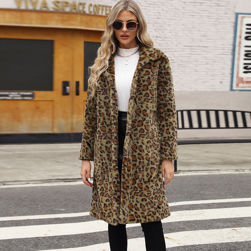 Women's Leopard Print Imitation Fur Plush Lapel Coat