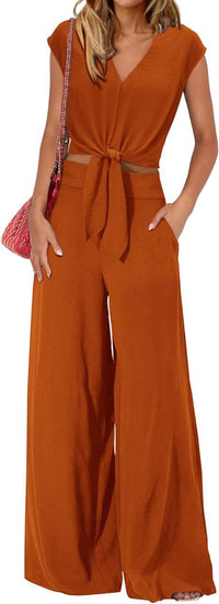 Women's Fashion V-neck Drawstring Short Top Wide Leg Pants Suit