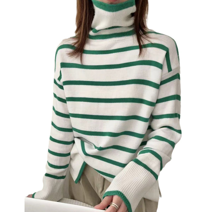 Women's Turtleneck Striped Sweater Loose Side Slit