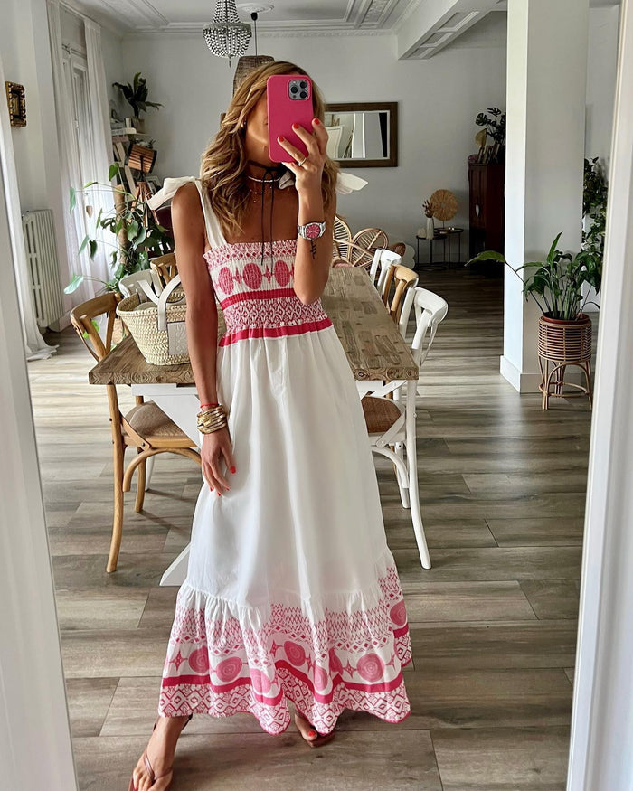 Women's Lace Up Printed Elastic Long Dress