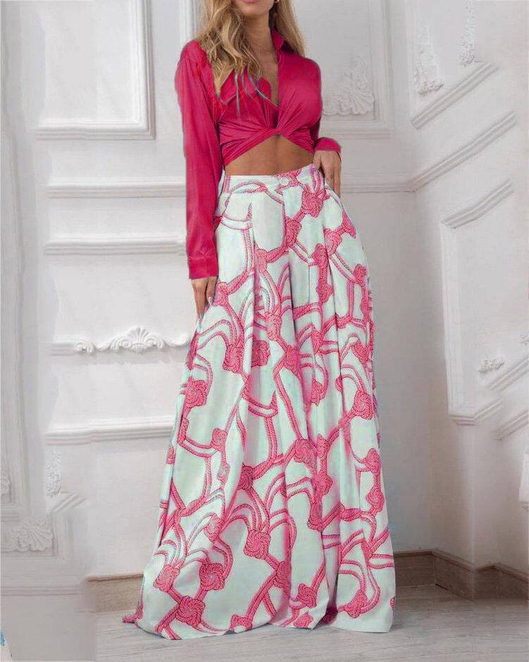 Women's Printed Lace Up Shirt High Waist Wide Leg Pants Two-piece Set