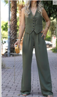 V-neck Sleeveless Waistcoat Vest Drooping Wide-leg Pants Suit