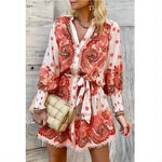 Women's Lace Lace Long-sleeved Printed V-neck Dress
