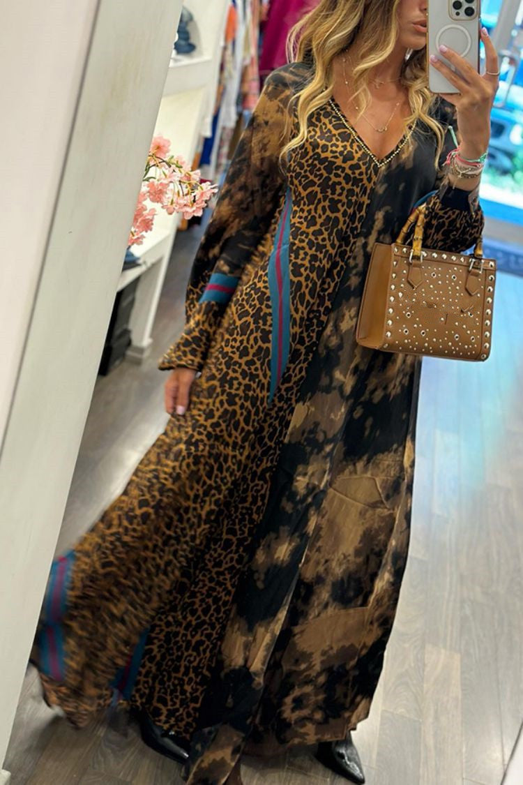 V-neck Loose Leopard Print Long Dress Women