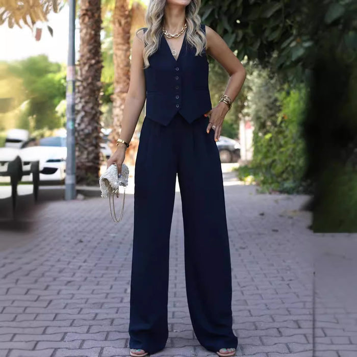 V-neck Sleeveless Waistcoat Vest Drooping Wide-leg Pants Suit