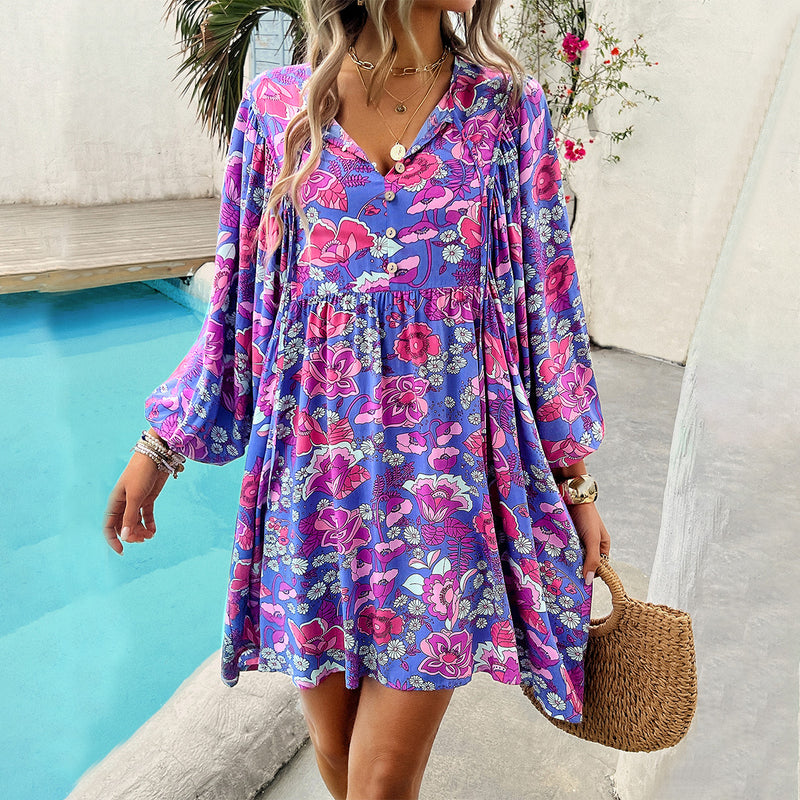 Casual Holiday Floral Print Long Sleeve Dress