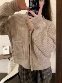 Simple Ins Solid Color Cardigan Jacket V-neck Warm Sweater