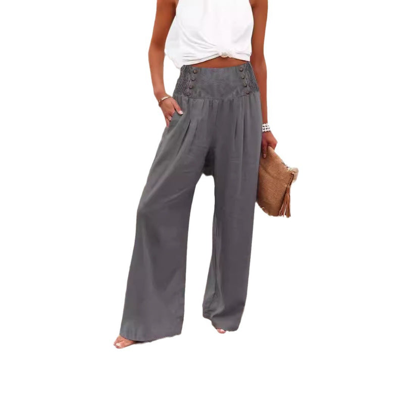 Casual Elastic High Waist Women's Cotton Linen Wide Leg Pants