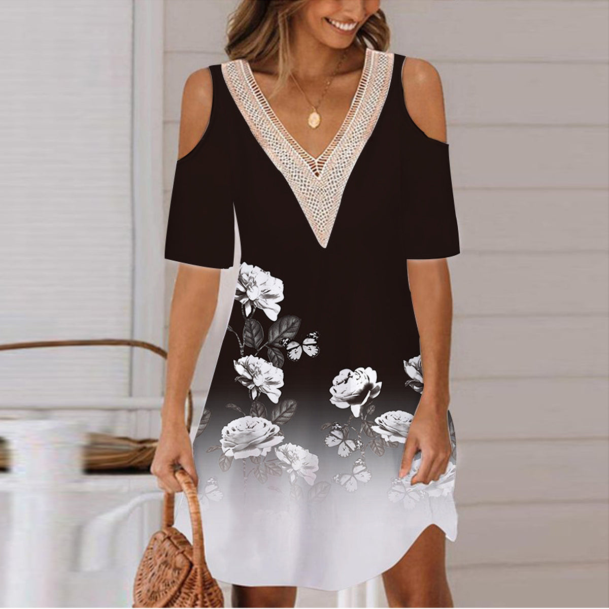 Women's Printing Off-the-shoulder V-neck Dress