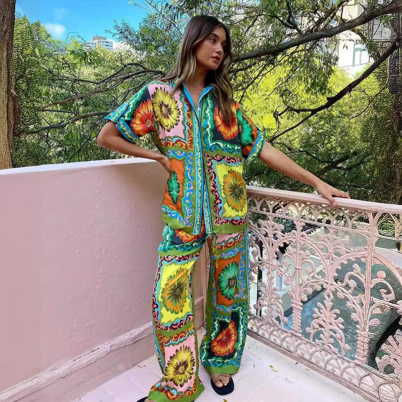 Printed Short Sleeve Vacation Leisure Loose Two-piece Suit