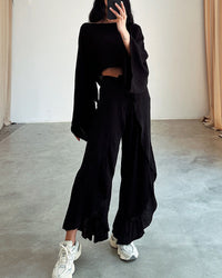 Linen Blend Cropped Top And Elastic Waist Belt Ruffled Trousers Suit