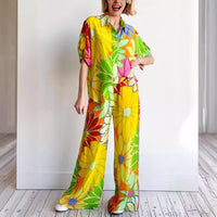 Women's Printed Loose Short Sleeve Shirt Pocket Trousers Suit