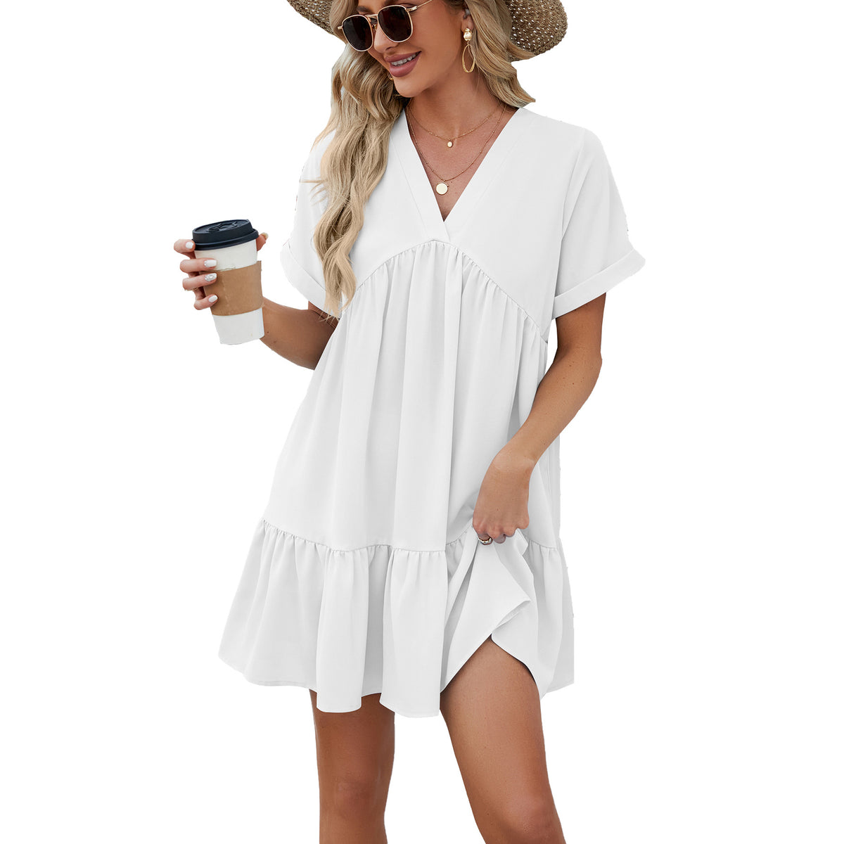 New Solid Color And V-neck Loose Pleated Dress Women