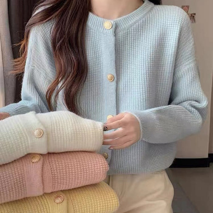 Fresh Round Neck Knitted Cardigan Spring And Autumn Design Younger Petite Top Candy Color Knitted Women's Coat