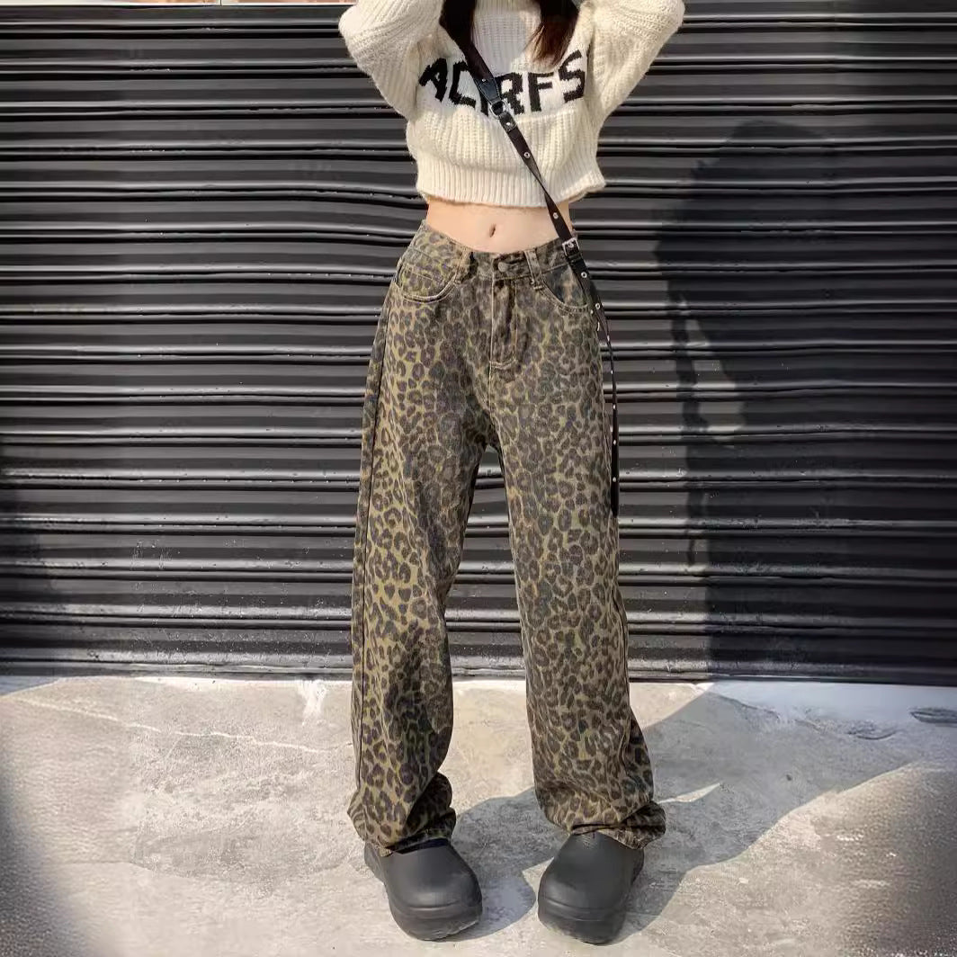 Leopard Print All-matching Jeans Loose Straight Casual Wide-leg Pants